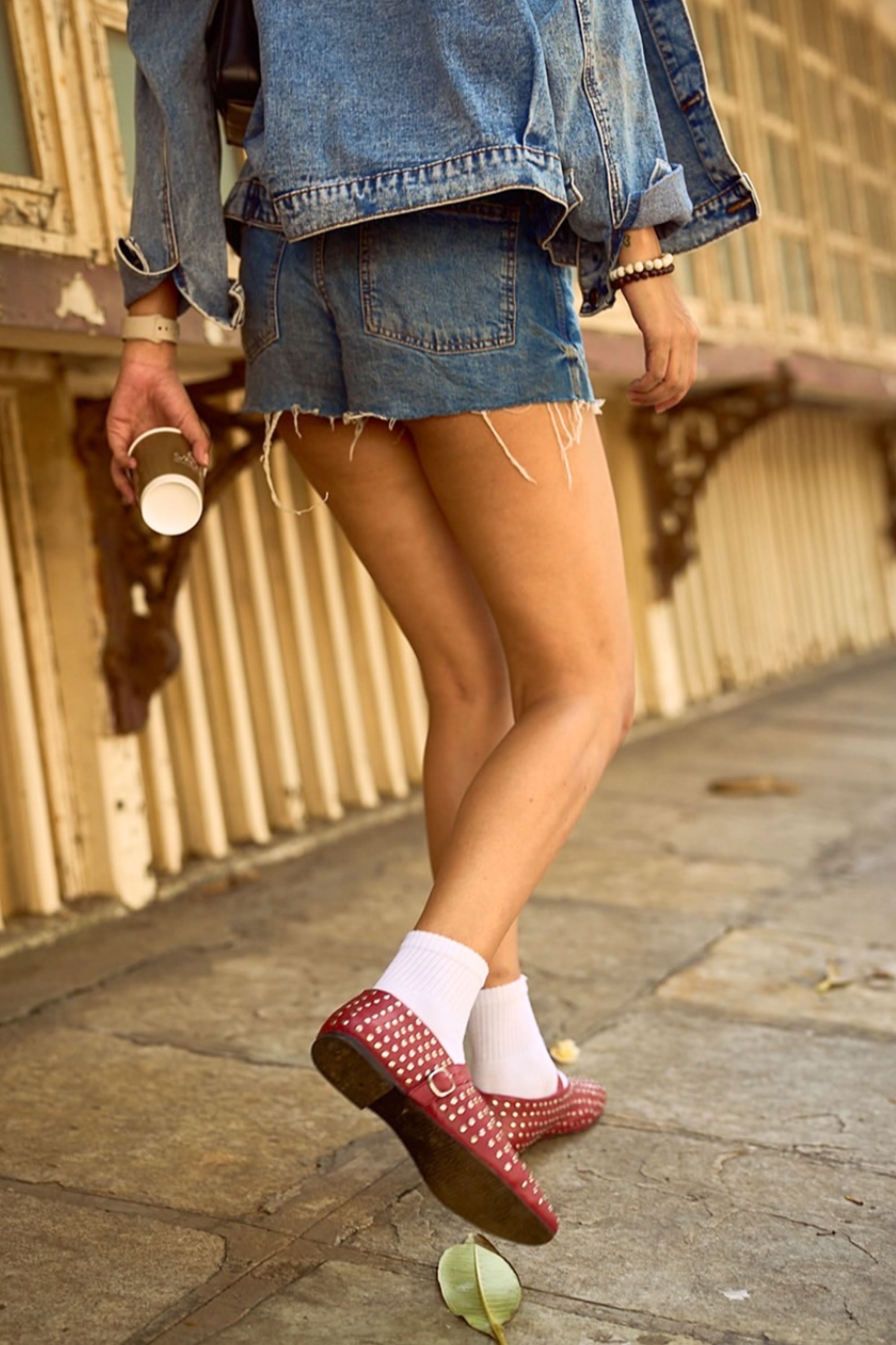 Red Ballet Flats With Rivets