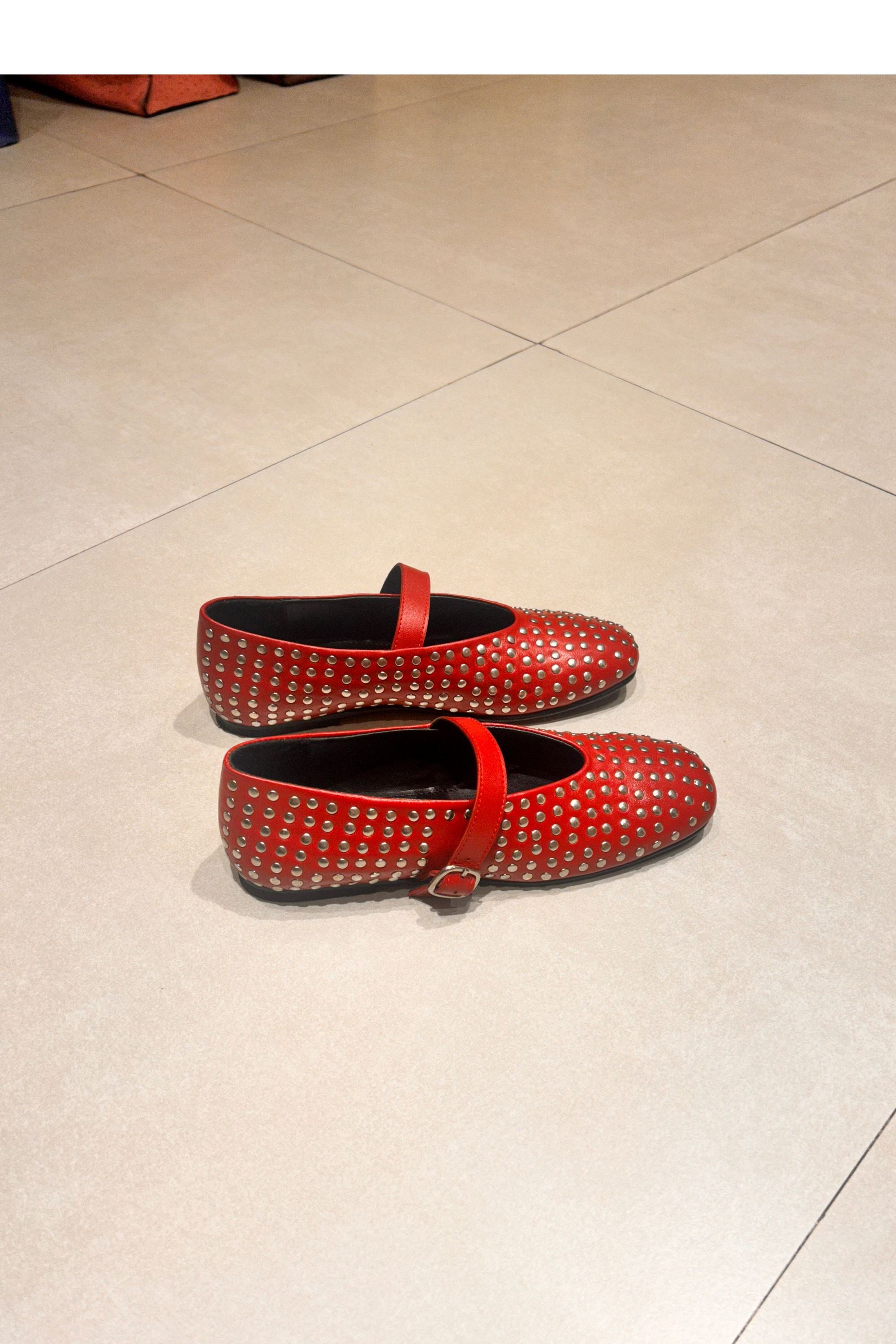 Red Ballet Flats With Rivets