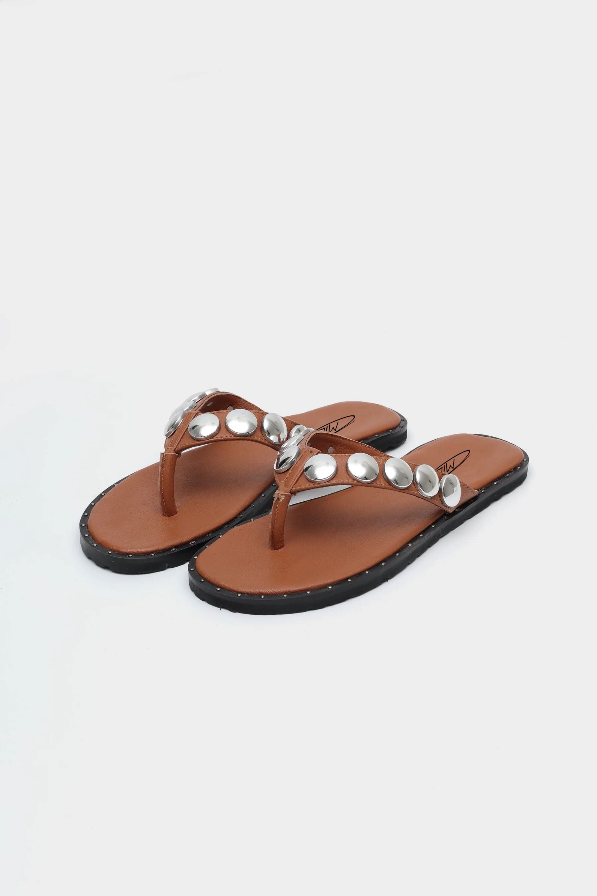 Icon Studded Flip Flops in Tan
