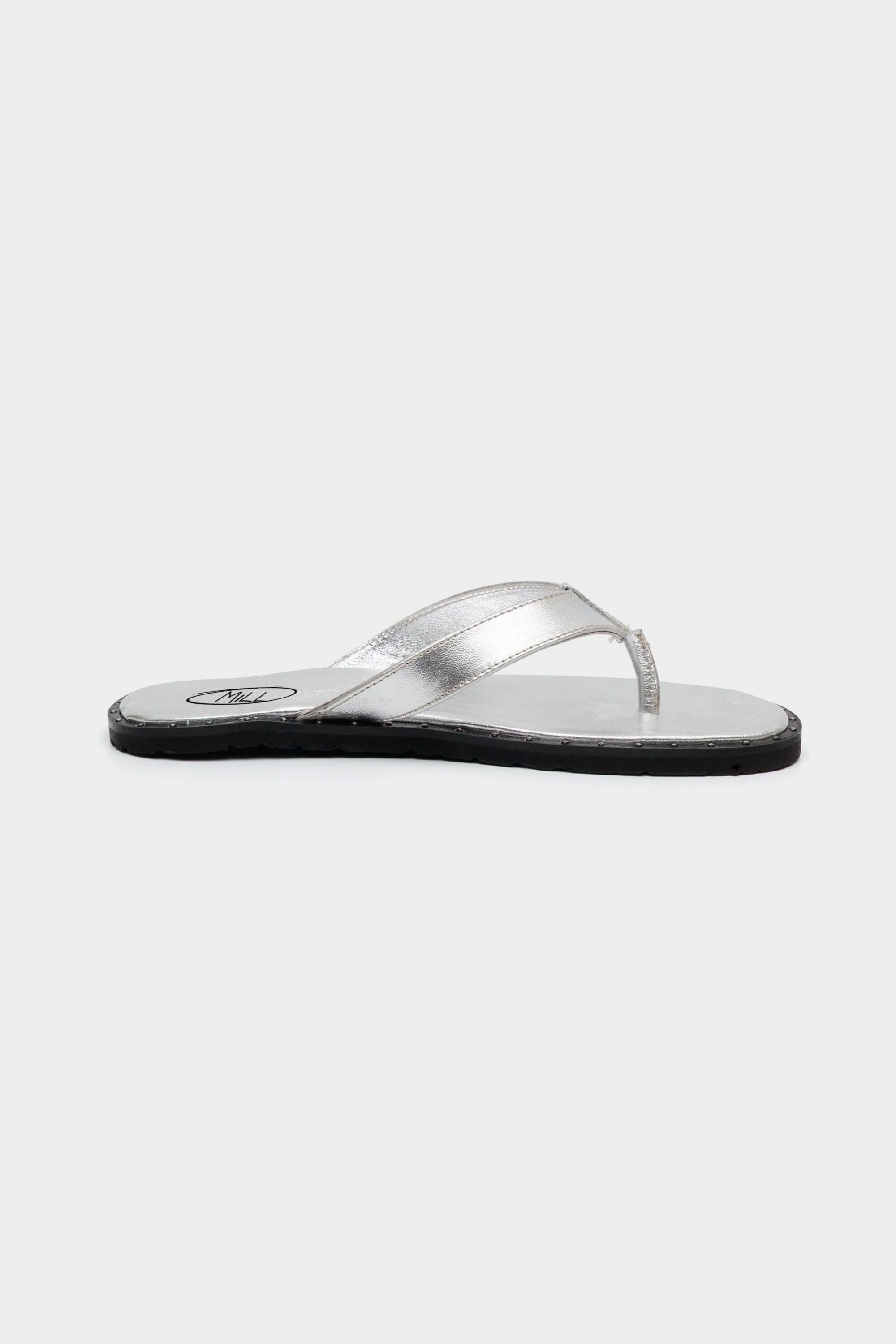 Bare Flip Flops in Crushed Silver with Studded Detailing