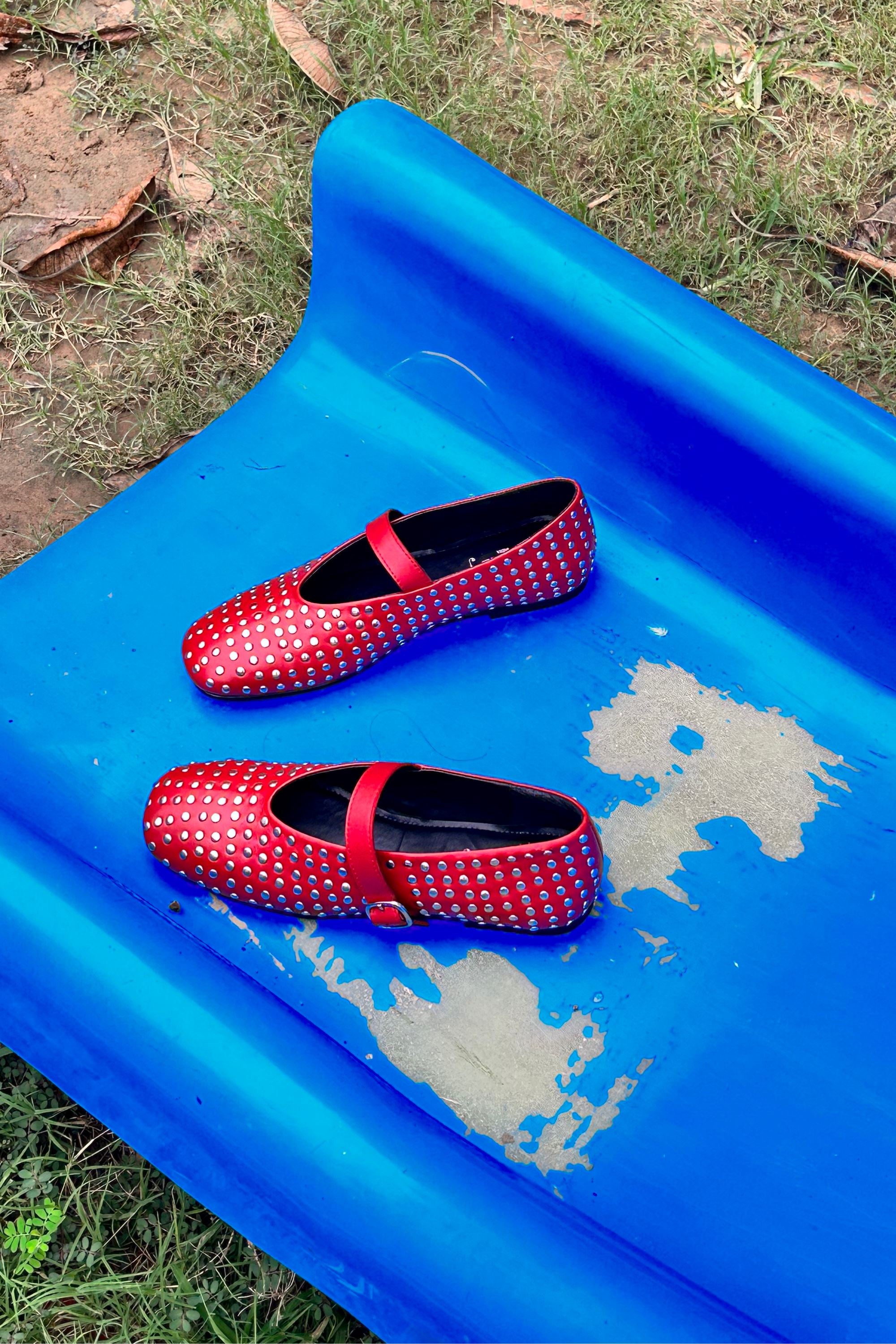 Red Ballet Flats With Rivets