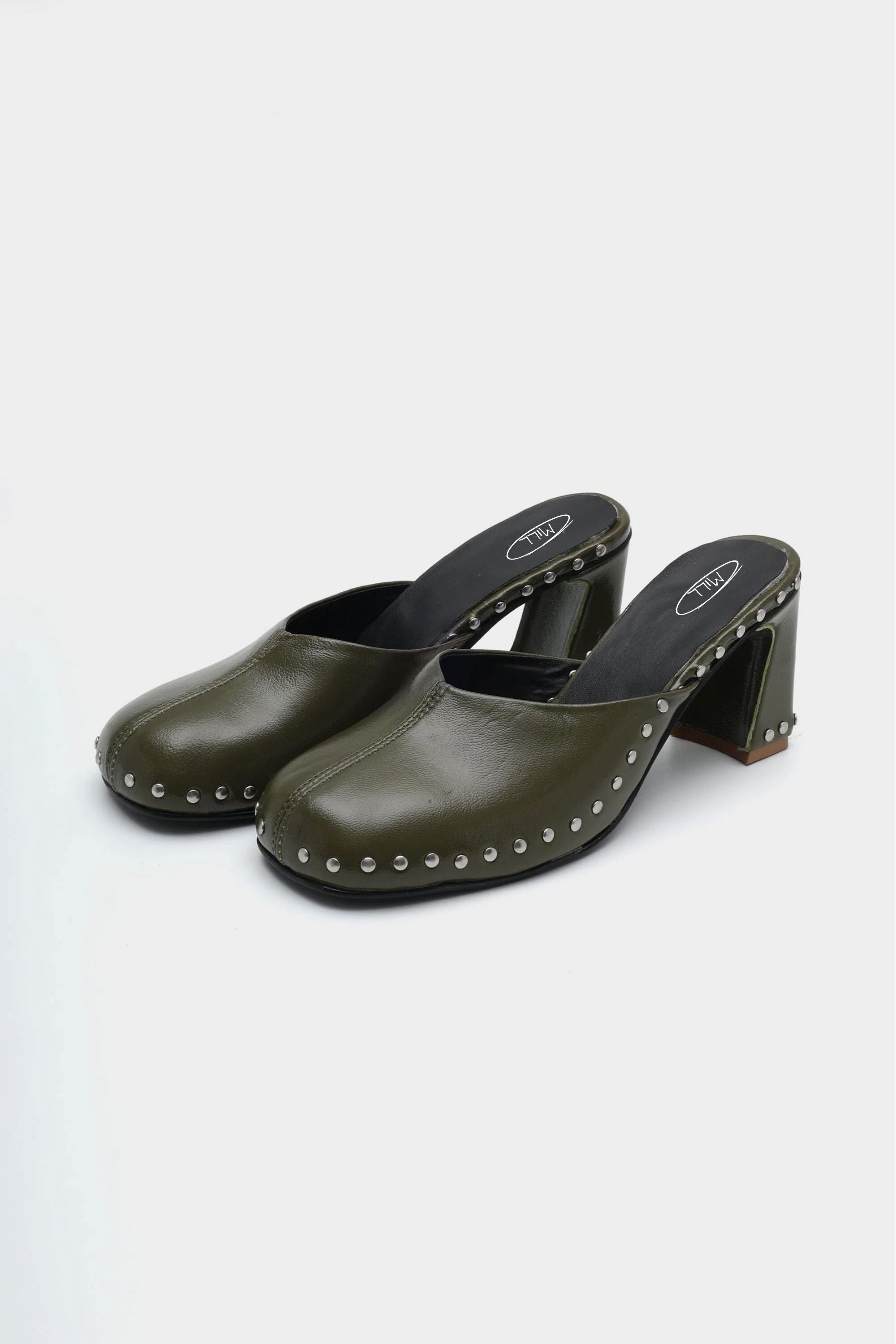 Runway Studded Mule Heels in Olive Green