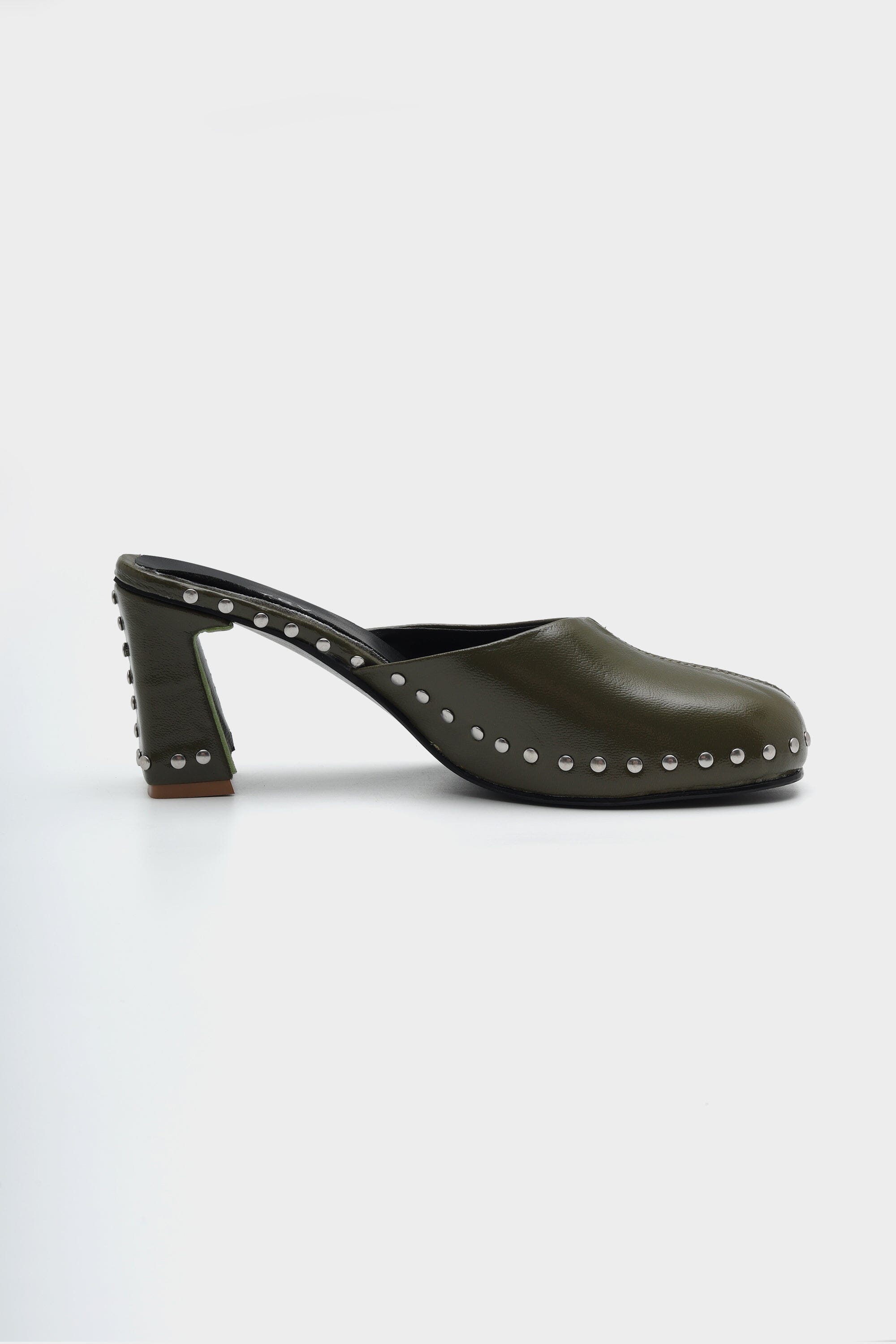 Runway Studded Mule Heels in Olive Green