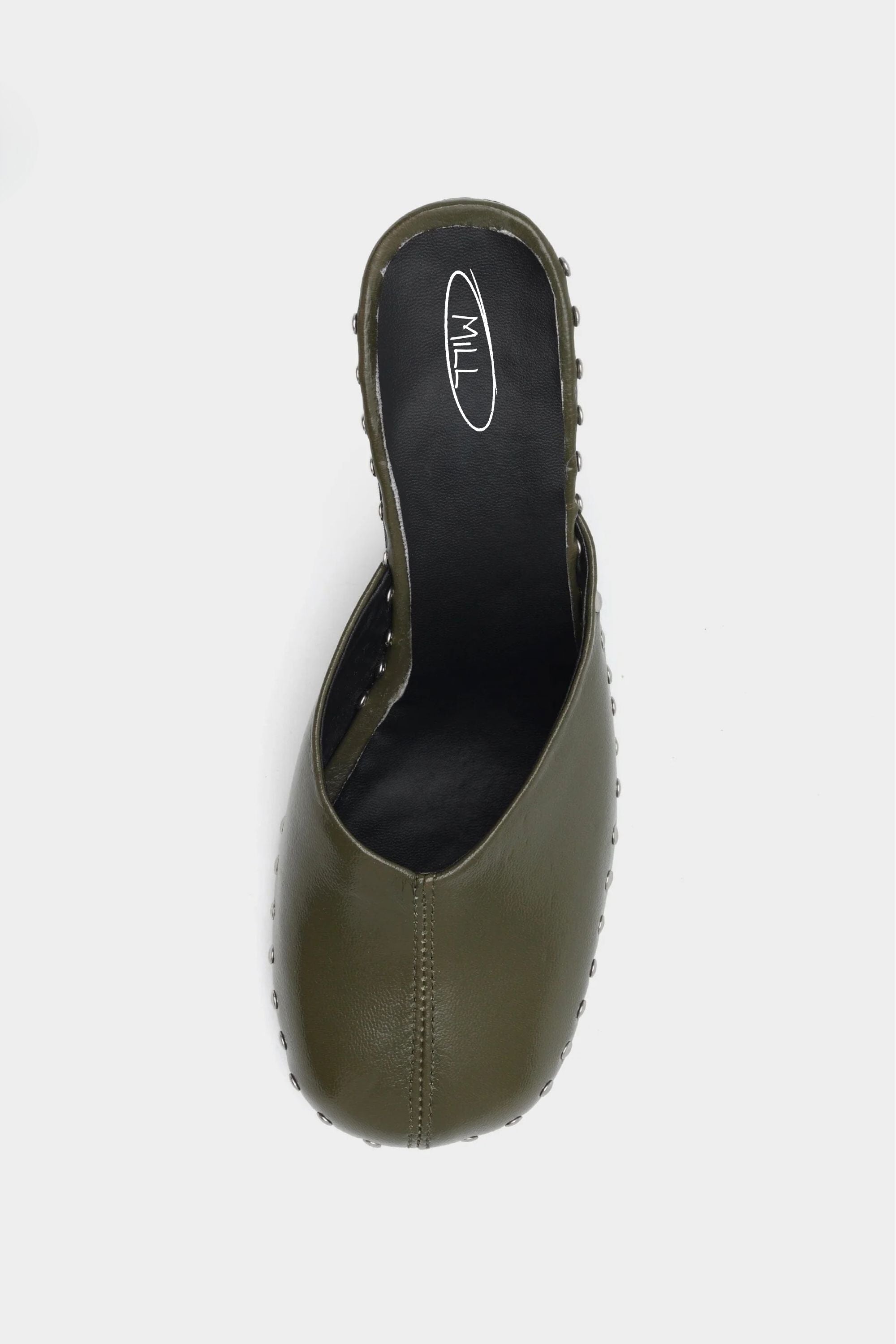 Runway Studded Mule Heels in Olive Green