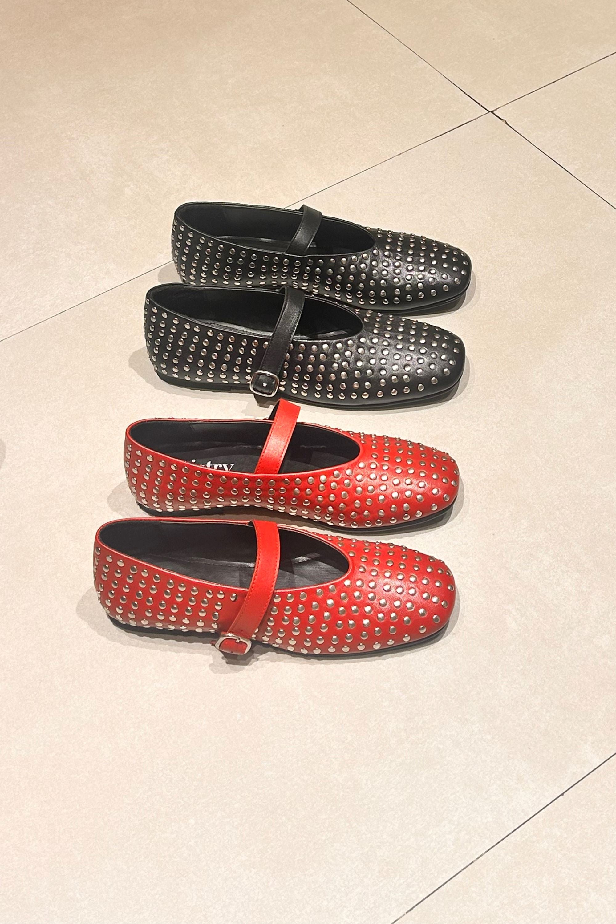 Red Ballet Flats With Rivets
