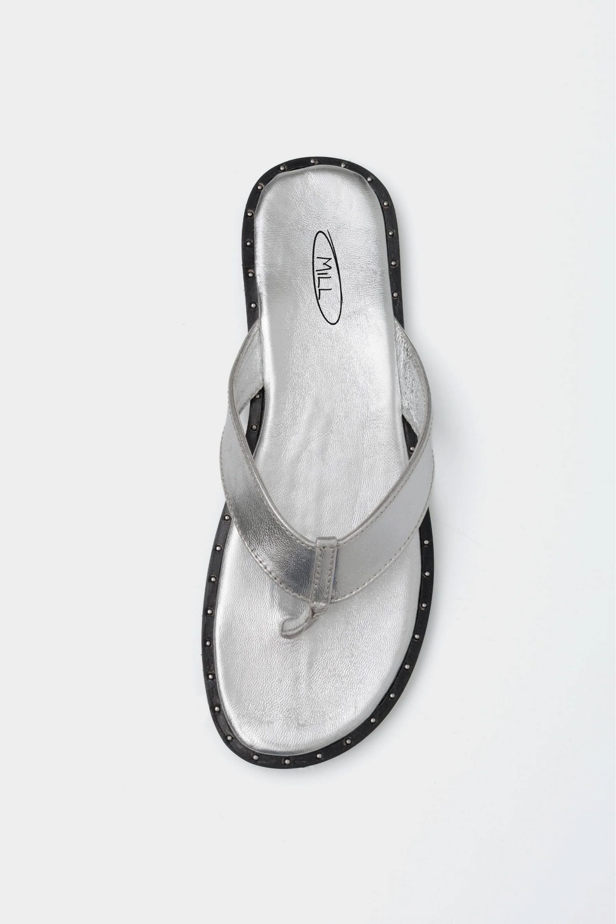 Bare Flip Flops in Crushed Silver with Studded Detailing