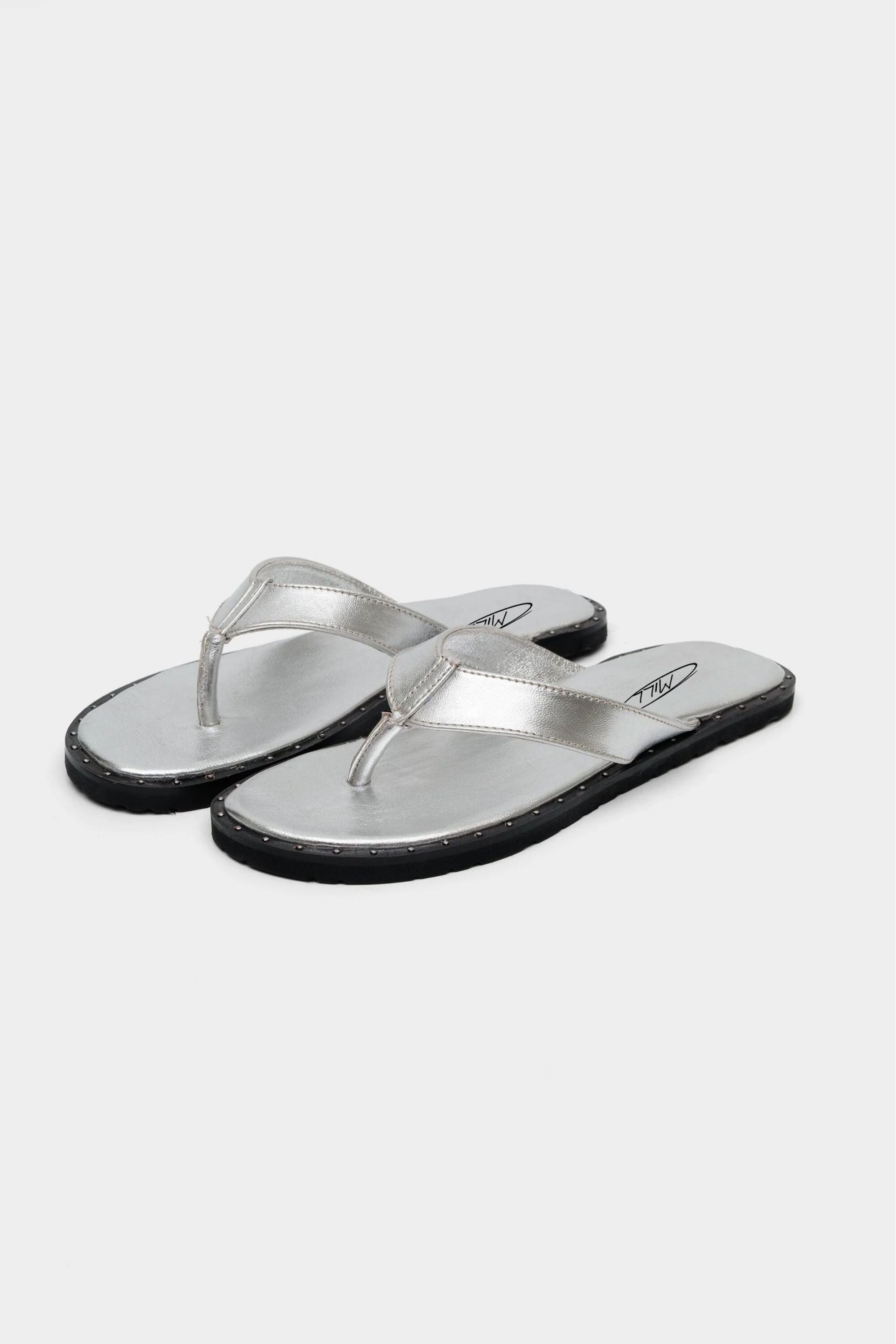Bare Flip Flops in Crushed Silver with Studded Detailing