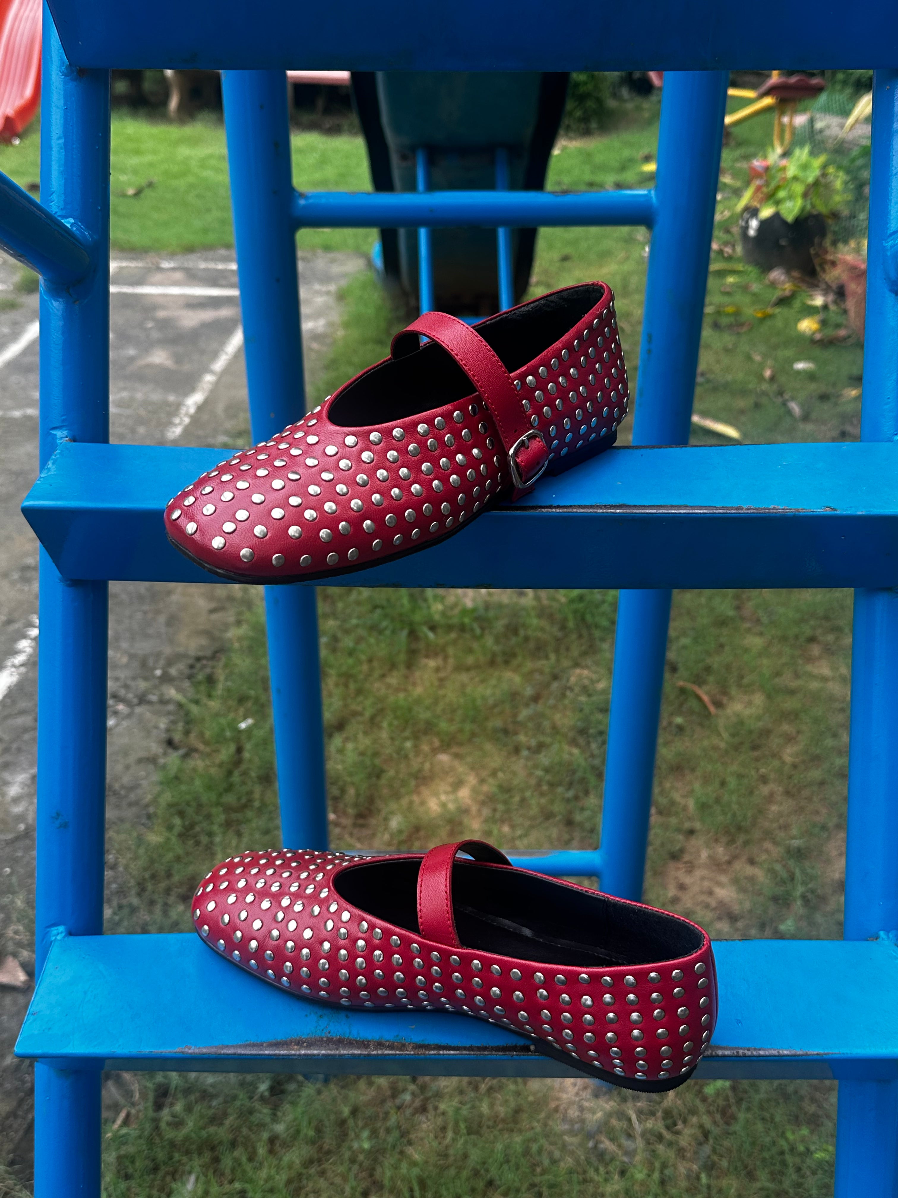 Red Ballet Flats With Rivets