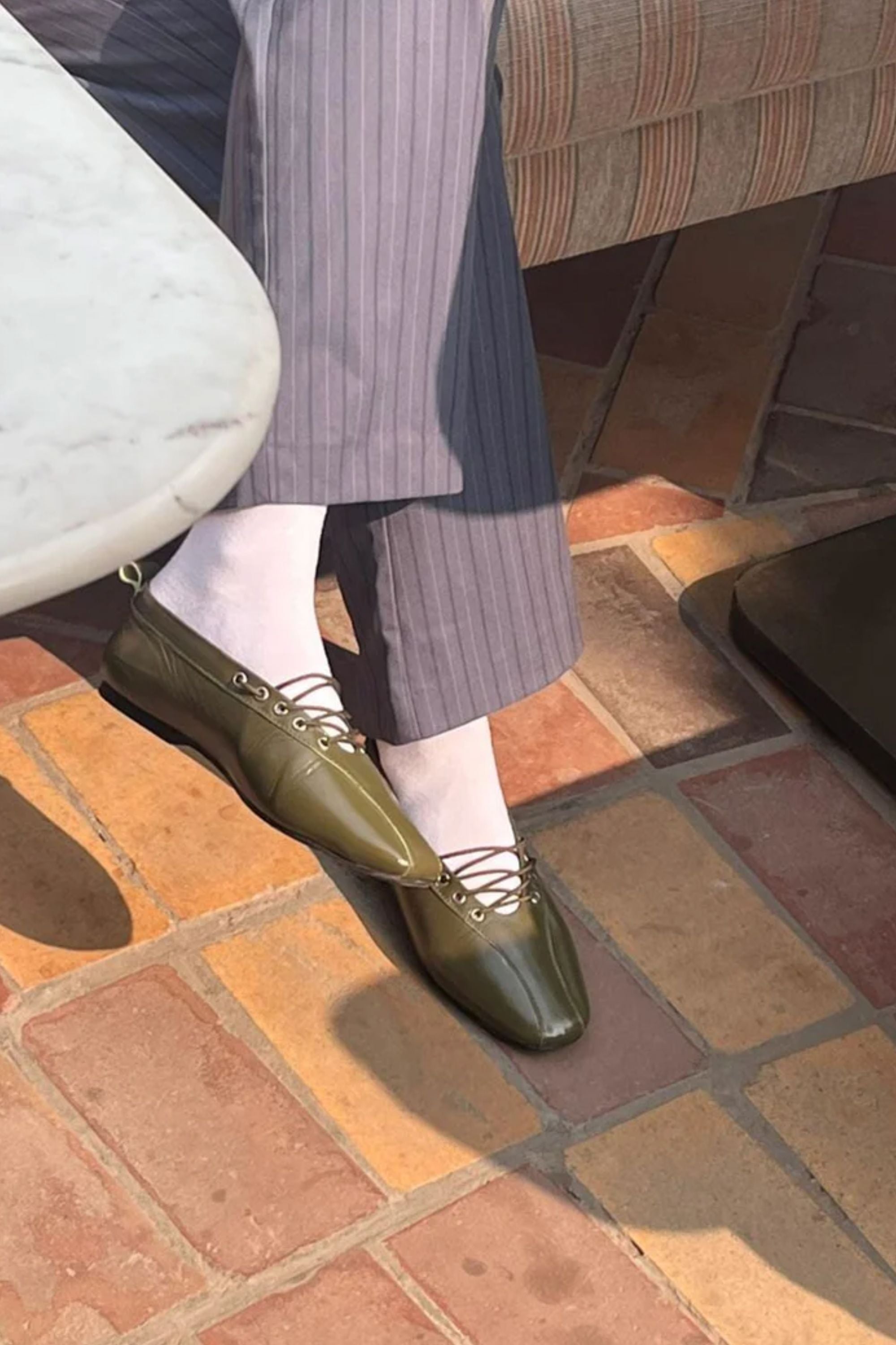 Lace-Up Ballerinas In Olive Green